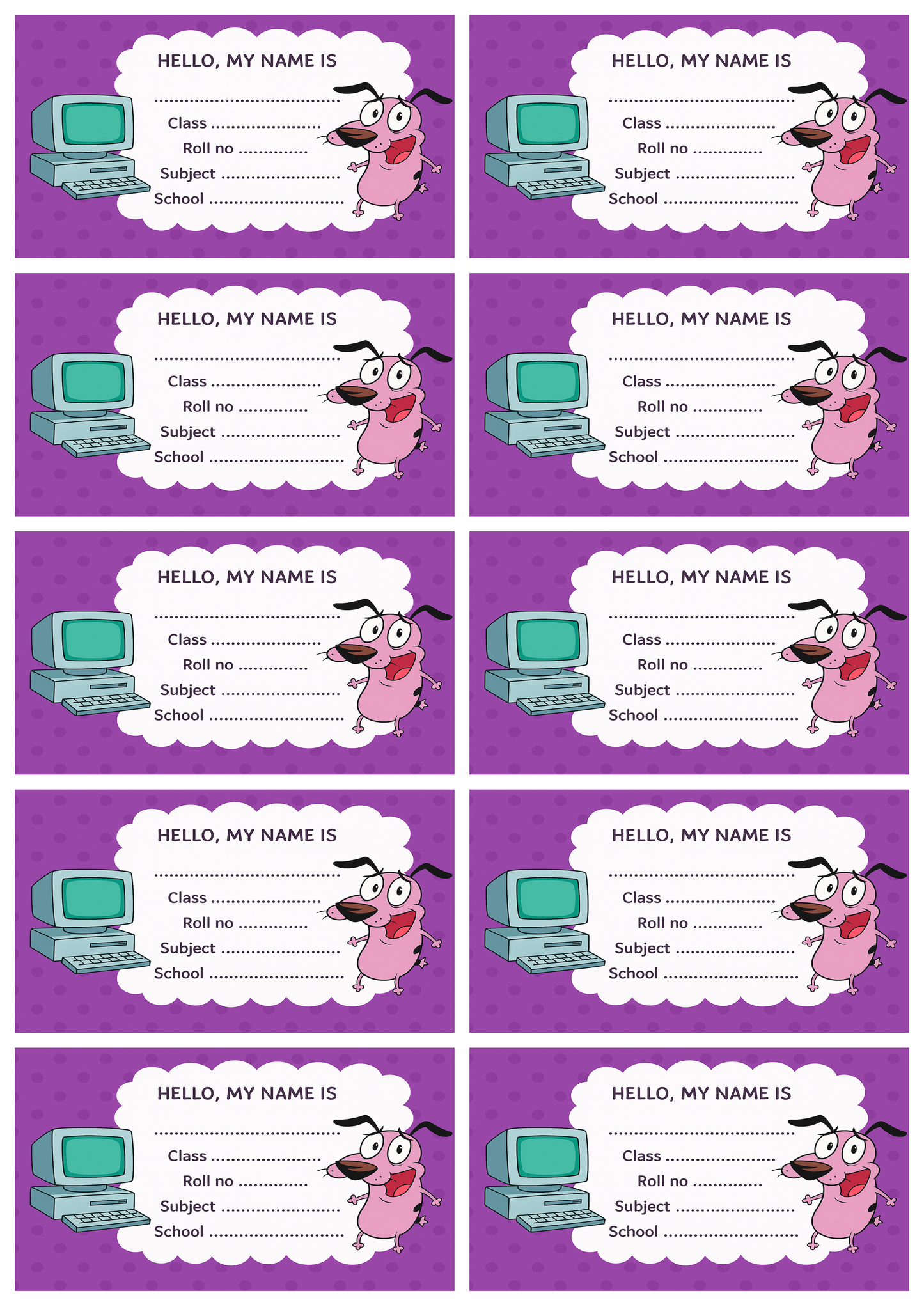 Smeeps Courage Dog School Label Stickers – 3.5 x 2 Inch Name Slip for Books and Notebooks | Pack of 10 | Cute Cartoon Theme for Kids