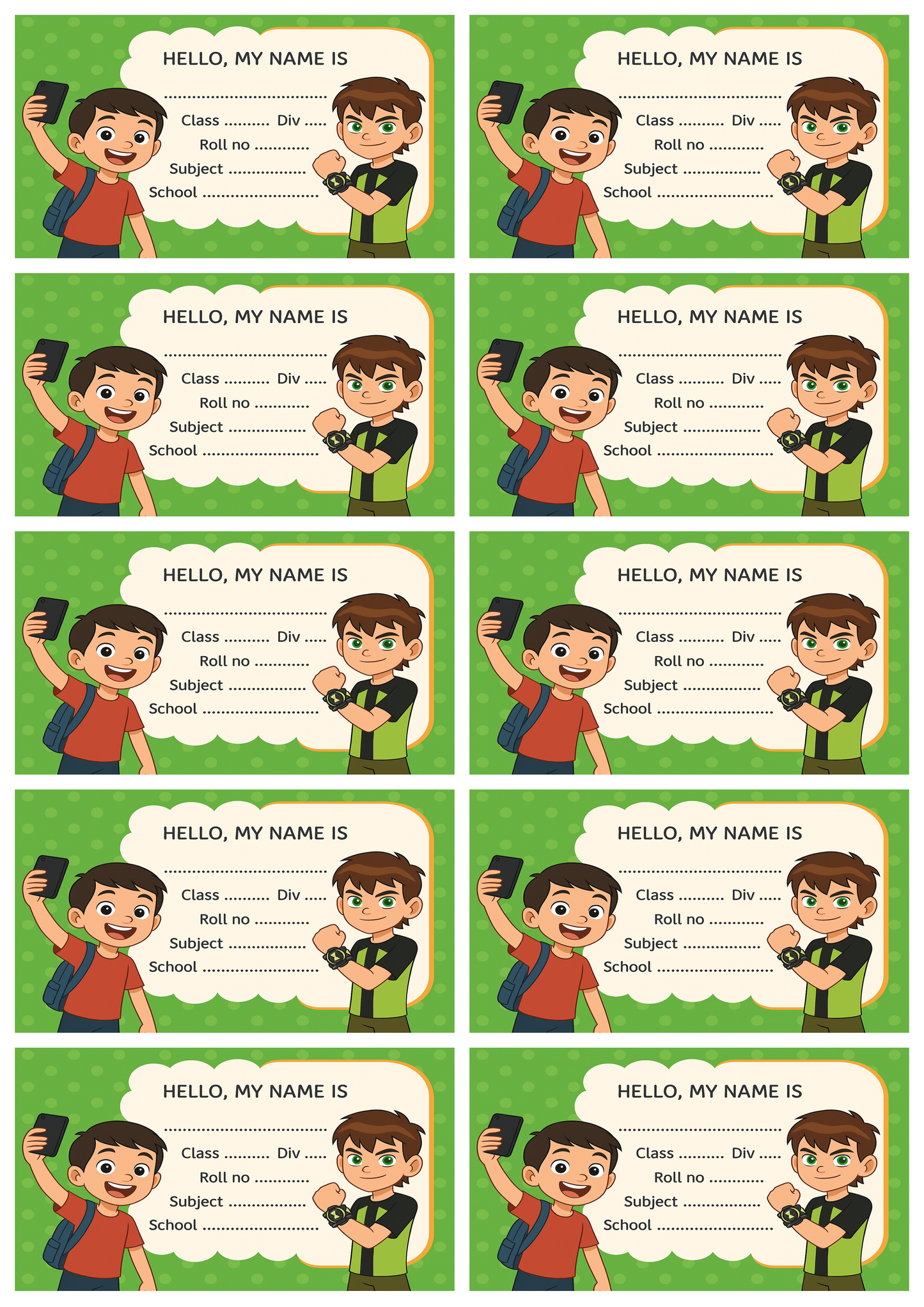 Smeeps Boys School Label Stickers – 3.5 x 2 Inch Name Slip for Books & Notebooks | Pack of 10 | Green Cartoon Theme for Kids