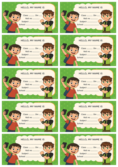 Smeeps Boys School Label Stickers – 3.5 x 2 Inch Name Slip for Books & Notebooks | Pack of 10 | Green Cartoon Theme for Kids