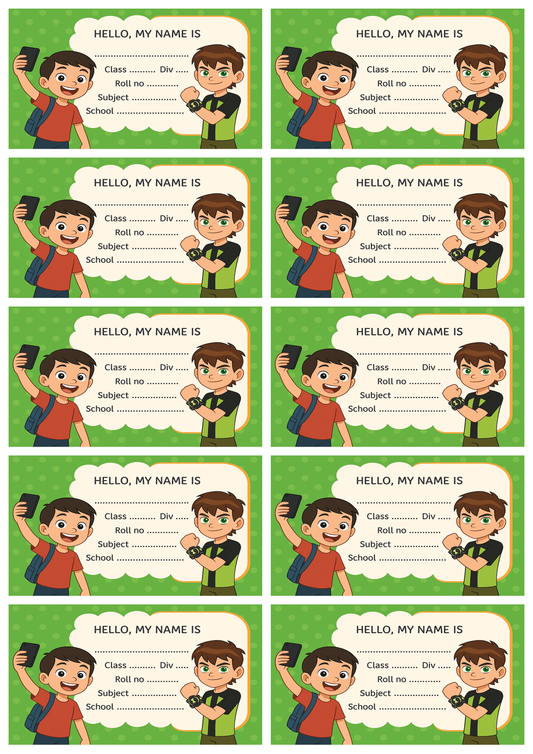 Smeeps Boys School Label Stickers – 3.5 x 2 Inch Name Slip for Books & Notebooks | Pack of 10 | Green Cartoon Theme for Kids