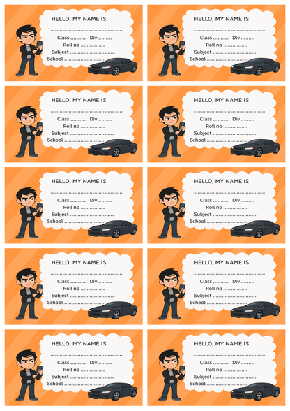 Smeeps Premium School Name Label Stickers – 3.5 x 2 Inches Personalized Tag for Books & Notebooks | Boy with Car Theme | Waterproof Writable Labels (Pack of 10)