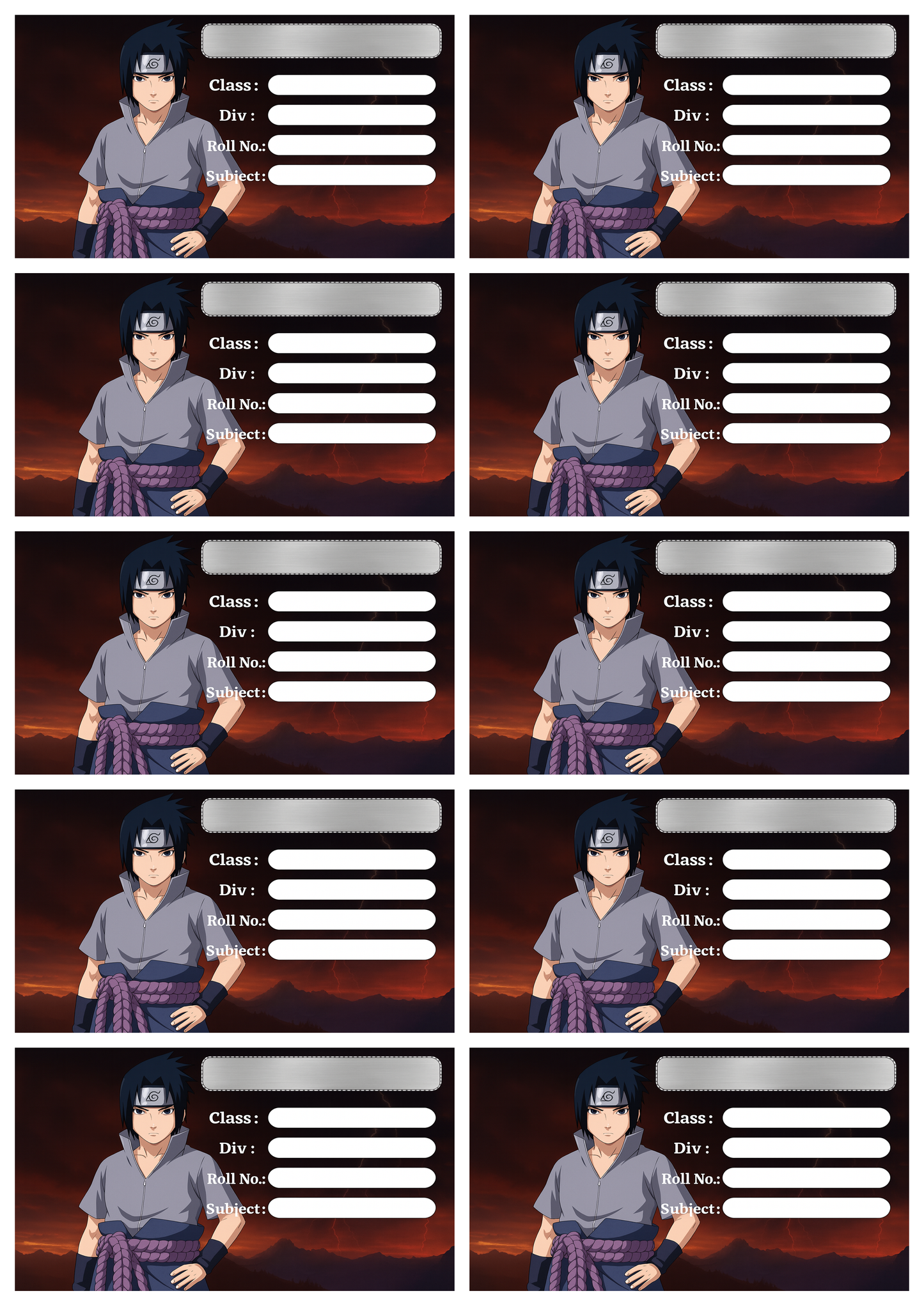 Smeeps Sasuke Anime School Label – 3.5 x 2 Inches Notebook Name Tag | Premium Gloss Finish | Durable & Waterproof | Pack of 10