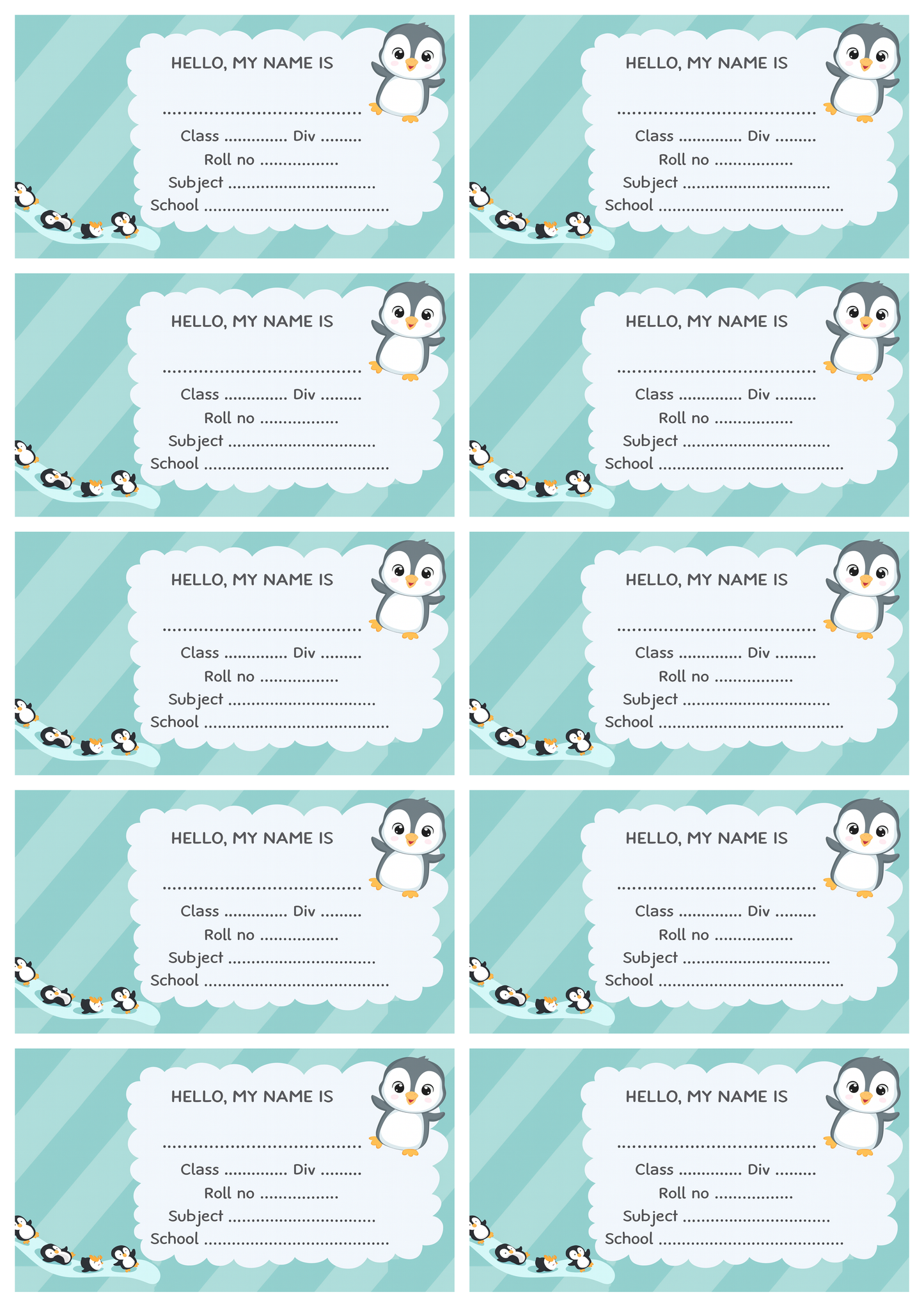 Smeeps Penguin School Label Sticker – 3.5 x 2 Inches Name Tag for Books & Notebooks | Pack of 10 | Waterproof & Writable Label Sticker