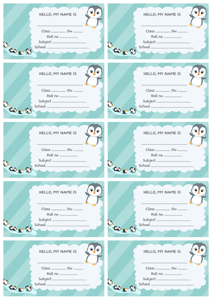 Smeeps Penguin School Label Sticker – 3.5 x 2 Inches Name Tag for Books & Notebooks | Pack of 10 | Waterproof & Writable Label Sticker
