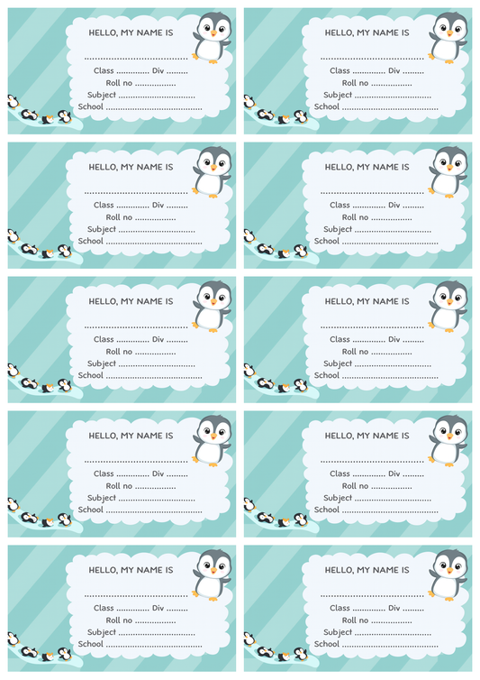 Smeeps Penguin School Label Sticker – 3.5 x 2 Inches Name Tag for Books & Notebooks | Pack of 10 | Waterproof & Writable Label Sticker