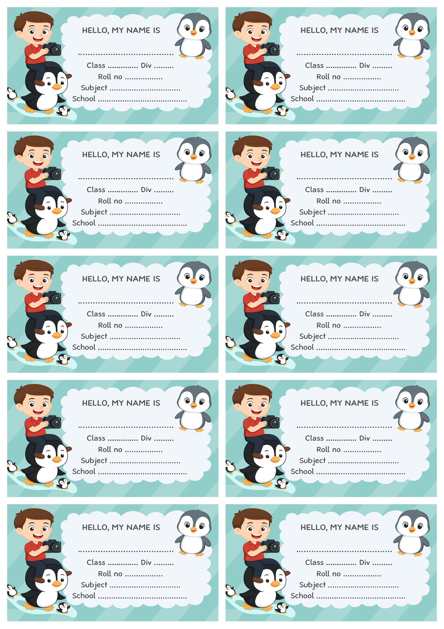 Smeeps Kids Name Label Sticker – 3.5 x 2 Inches | Pack of 10 | Cute Penguin & Boy Cartoon Design | Notebook, Textbook & School Supplies Name Tag Labels