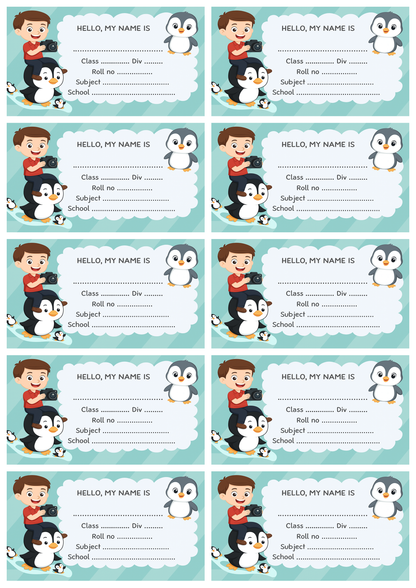 Smeeps Kids Name Label Sticker – 3.5 x 2 Inches | Pack of 10 | Cute Penguin & Boy Cartoon Design | Notebook, Textbook & School Supplies Name Tag Labels