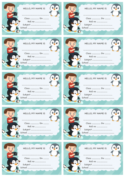 Smeeps Kids Name Label Sticker – 3.5 x 2 Inches | Pack of 10 | Cute Penguin & Boy Cartoon Design | Notebook, Textbook & School Supplies Name Tag Labels
