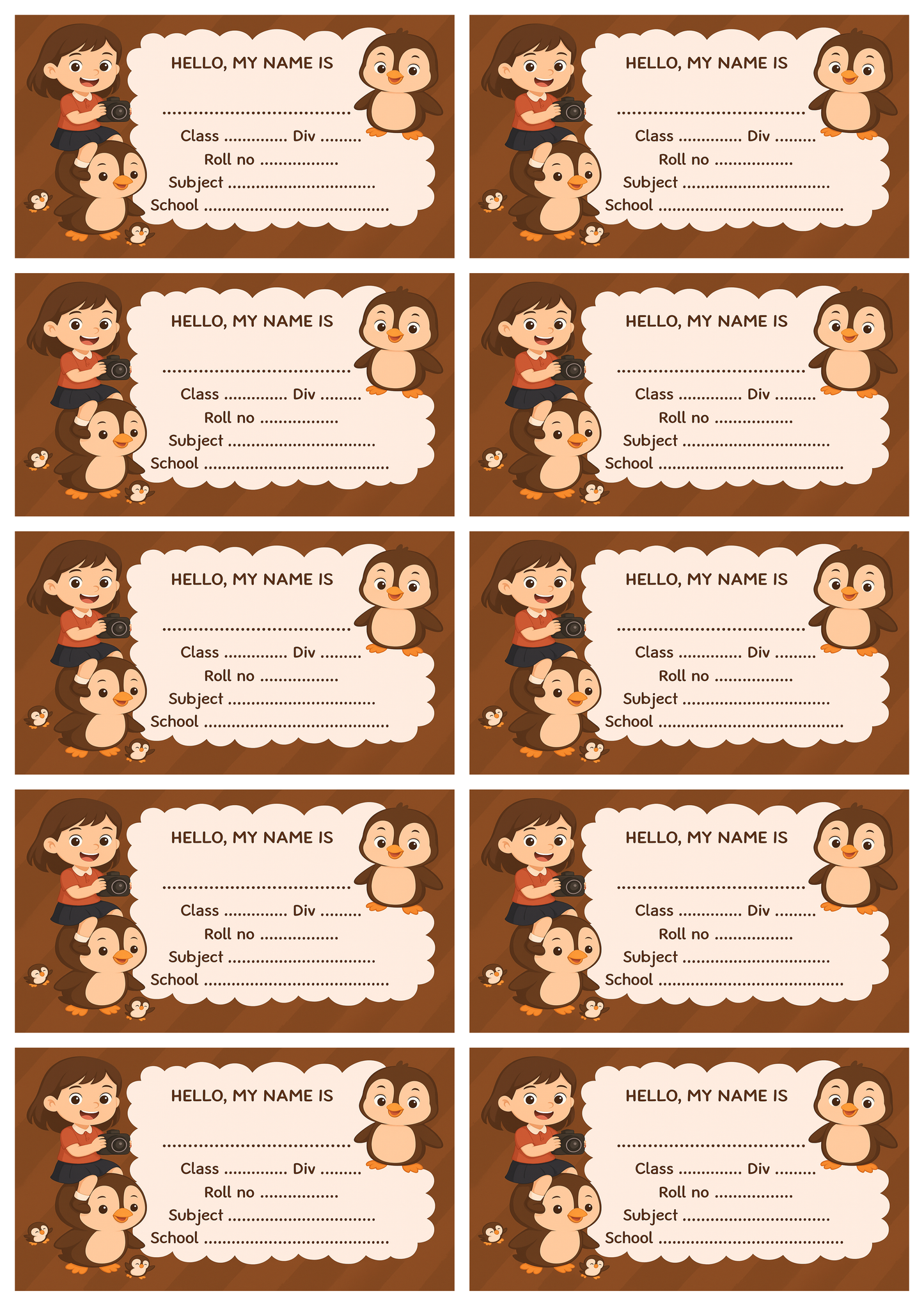 Smeeps Brown Penguin School Label – 3.5 x 2 Inch Name Sticker for Books & Notebooks | Cute Kids ID Label | Writable School Tag | Pack of 10