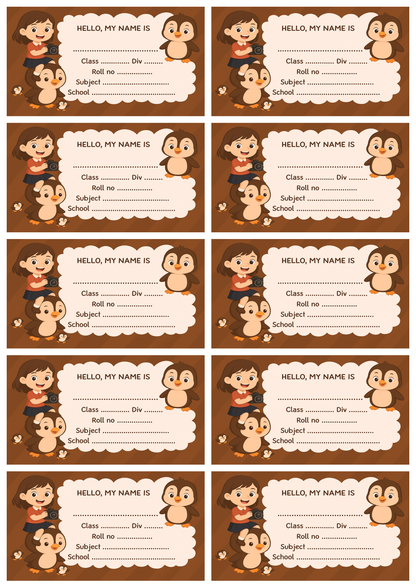 Smeeps Brown Penguin School Label – 3.5 x 2 Inch Name Sticker for Books & Notebooks | Cute Kids ID Label | Writable School Tag | Pack of 10