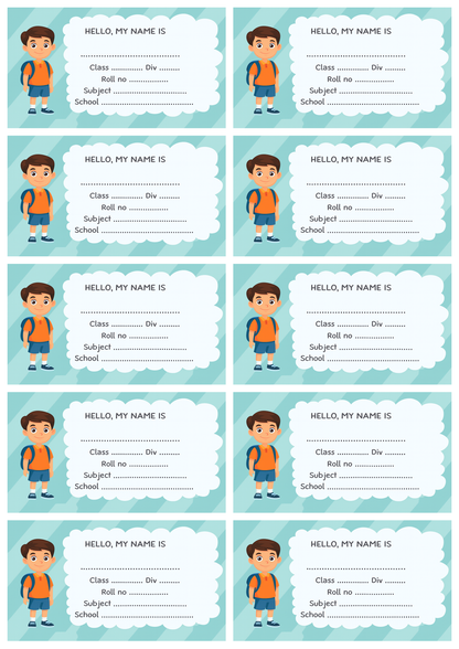 Smeeps School Notebook Label Sticker – 3.5 x 2 Inches Kids Name Tag | Boy Cartoon Theme | Durable & Writable Identification Label | Pack of 10