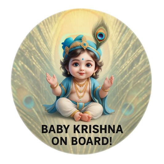 Smeeps Baby Krishna On Board Sticker – 15.24 cm Round | Devotional Car Safety Sign with Cute Krishna Design | Waterproof & UV-Resistant