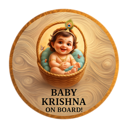 Smeeps Baby Krishna On Board Sticker – 15.24 cm Round | Basket-Themed Divine Krishna Design | Waterproof & UV-Proof Car Safety Sign