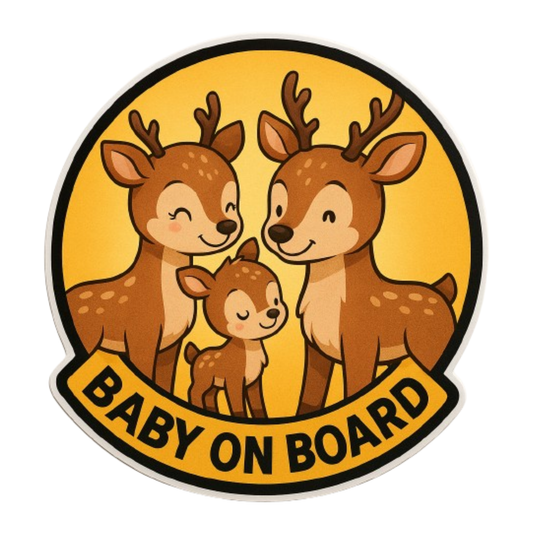 Smeeps “Baby On Board” Cute Deer Family Sticker – 13.97 x 13.97 cm | Round Wildlife Theme Safety Sign for Cars
