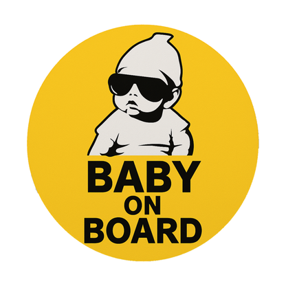 Smeeps Baby On Board Sticker – 15.24 x 15.24 cm Round | Cool Baby Design with Sunglasses | Yellow & Black Waterproof Car Safety Sign