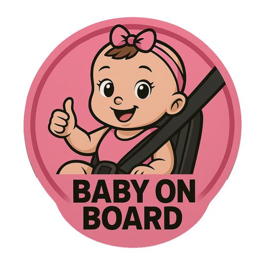 Smeeps Baby On Board Sticker – 13.97 x 13.97 cm Round | Cute Baby Girl in Car Seat with Thumbs-Up | Waterproof Pink Car Safety Sign