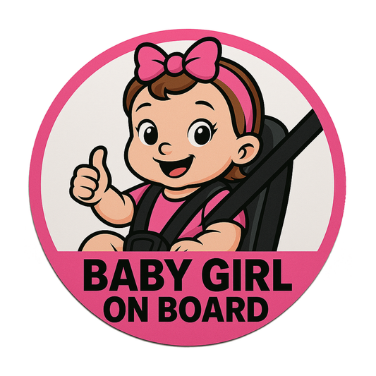 Smeeps “Baby Girl On Board” Car Sticker – Pink Edition – 13.97 x 13.97 cm | Round Safety Sign with Cute Cartoon in Car Seat