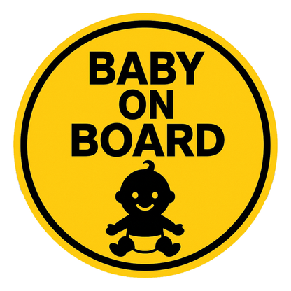 Smeeps Baby On Board Sticker – 13.97 x 13.97 cm Round | High-Contrast Silhouette Baby Design | Bold Yellow Waterproof Vinyl Car Sign