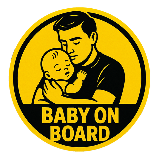 Smeeps Baby on Board Sticker – Father Holding Baby Design – 13.97 x 13.97 cm | High-Visibility Yellow Safety Sign for Cars
