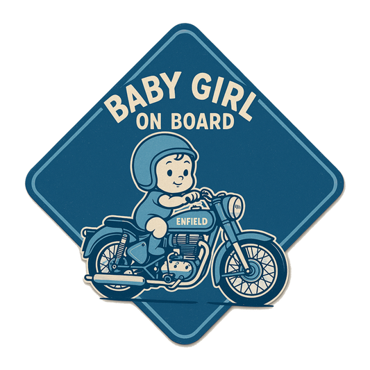 Smeeps Baby Girl On Board Sticker – 14 x 14 cm Enfield Motorcycle Theme Car Safety Decal | Retro Blue Design | Waterproof & UV-Resistant Vinyl