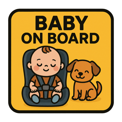 Smeeps Baby On Board Sticker – 14 x 14 cm Cute Baby & Dog Car Seat Design | Yellow Safety Car Decal | Waterproof & UV-Resistant Vinyl