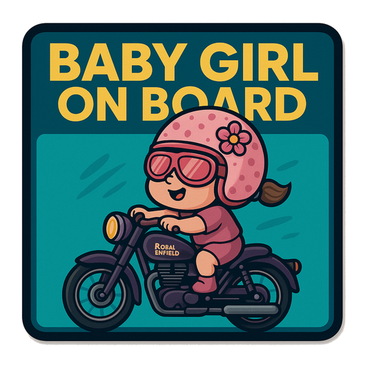 Smeeps Baby Girl On Board Sticker – 14 x 14 cm Cute Bike Rider Design | Royal Enfield Theme | Waterproof & UV-Resistant Vinyl Car Safety Decal