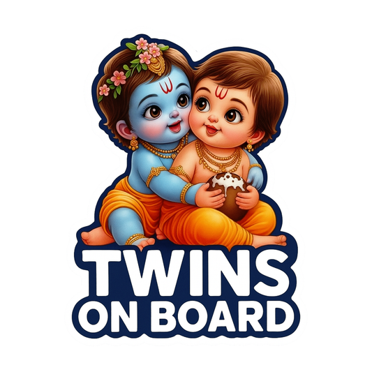 Smeeps Twins On Board Sticker – Cute Krishna-Themed Twin Baby Car Sticker | 8.89 x 11.43 cm Premium Vinyl | Waterproof & UV Resistant Decal