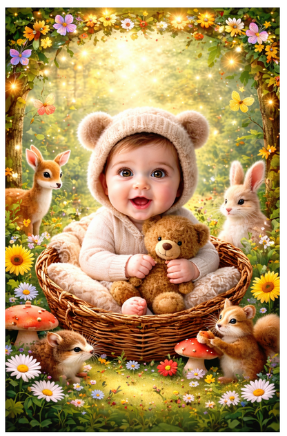 Smeeps Cute Baby Forest Theme Wall Poster – 20.32 × 13.21 cm (8 × 5.2 Inch) Kids Nursery Decorative Poster with Baby, Teddy Bear & Animal Theme | 300 GSM Non-Adhesive Wall Decor Poster for Baby Room & Playroom | Pack of 1