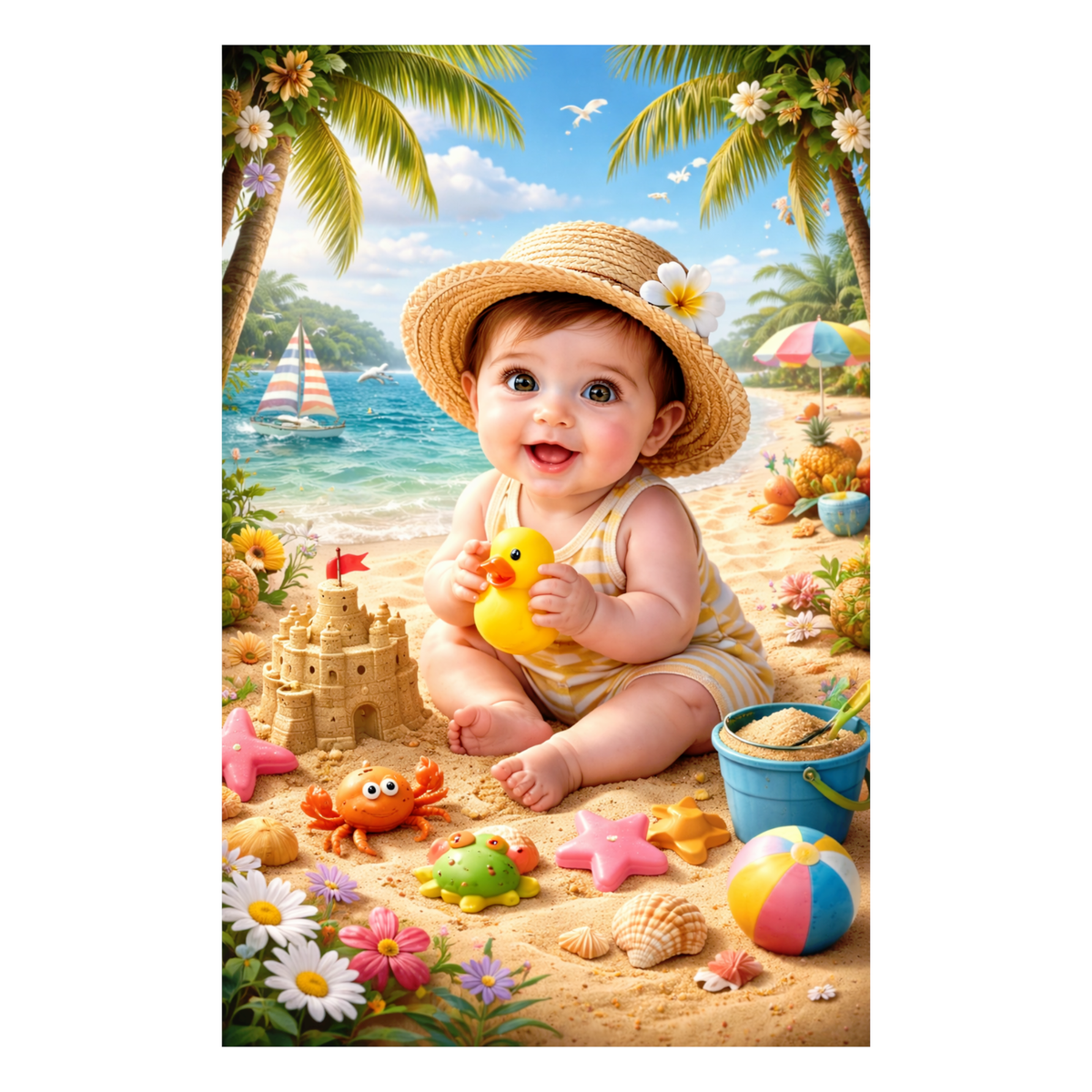 Smeeps Cute Beach Baby Wall Poster – 20.32 × 13.21 cm (8 × 5.2 Inch) Tropical Summer Theme Kids Decorative Poster | 300 GSM Non-Adhesive Nursery & Baby Room Wall Decor Poster for Home, Playroom & Daycare | Pack of 1