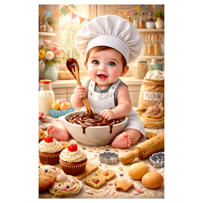 Smeeps Cute Baby Chef Wall Poster – 20.32 × 13.21 cm (8 × 5.2 Inch) Kids Kitchen & Baking Theme Decorative Poster | 300 GSM Non-Adhesive Nursery & Baby Room Wall Decor Poster for Home, Playroom & Cafe Decor | Pack of 1