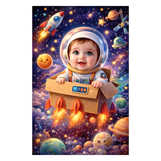 Smeeps Space Baby Wall Poster – 20.32 × 13.21 cm (8 × 5.2 Inch) Cute Astronaut Galaxy Theme Kids Decorative Poster | 300 GSM Non-Adhesive Nursery & Baby Room Wall Decor Poster for Home, Playroom & Daycare | Pack of 1