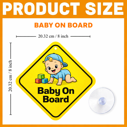 Smeeps Baby On Board Hanging Sign – 20.32 × 20.32 cm (8 × 8 Inch) Cute Crawling Baby with ABC Blocks Waterproof Car Hanging Board with Suction Cup | Baby Safety Vehicle Warning Sign