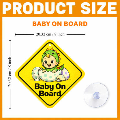 Smeeps Baby On Board Hanging Sign – 20.32 × 20.32 cm (8 × 8 Inch) Cute Dinosaur Baby Waterproof Car Hanging Board with Suction Cup | Fun Baby Safety Vehicle Warning Sign