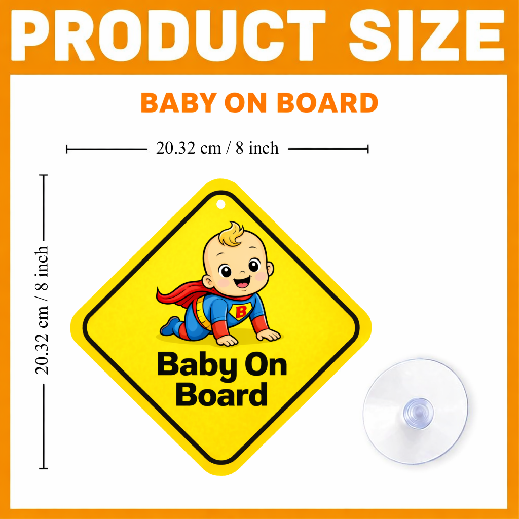 Smeeps Baby On Board Hanging Sign – 20.32 × 20.32 cm (8 × 8 Inch) Cute Super Baby Waterproof Car Hanging Board with Suction Cup | Cartoon Baby Safety Vehicle Warning Sign