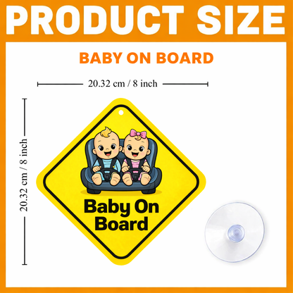 Smeeps Baby On Board Hanging Sign – 20.32 × 20.32 cm (8 × 8 Inch) Cute Twin Babies in Car Seat Waterproof Vehicle Hanging Board with Suction Cup | Baby Safety Car Warning Sign