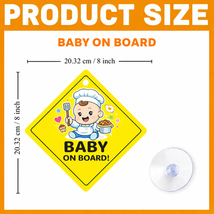 Smeeps Baby On Board Hanging Sign – 20.32 × 20.32 cm (8 × 8 Inch) Cute Baby Chef Waterproof Car Hanging Board with Suction Cup | Cooking Theme Baby Safety Vehicle Warning Sign