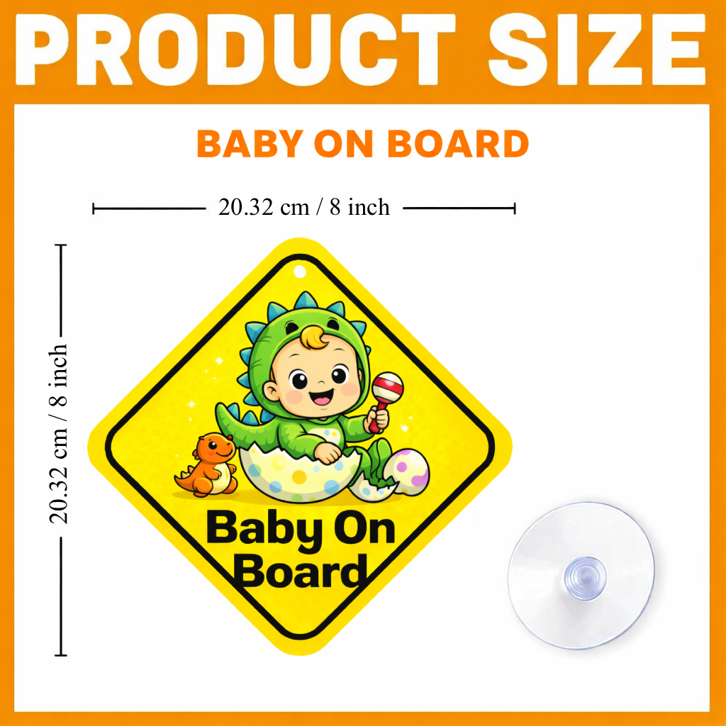 Smeeps Baby On Board Hanging Sign – 20.32 × 20.32 cm (8 × 8 Inch) Cute Dinosaur Baby Waterproof Car Hanging Board with Suction Cup | Dino Theme Baby Safety Vehicle Warning Sign