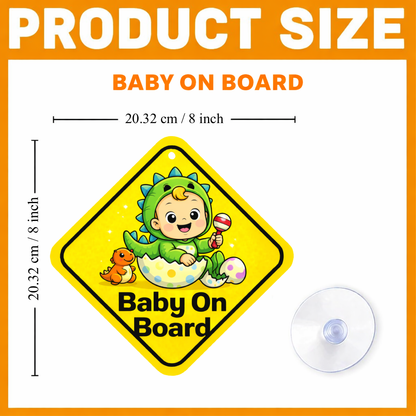 Smeeps Baby On Board Hanging Sign – 20.32 × 20.32 cm (8 × 8 Inch) Cute Dinosaur Baby Waterproof Car Hanging Board with Suction Cup | Dino Theme Baby Safety Vehicle Warning Sign