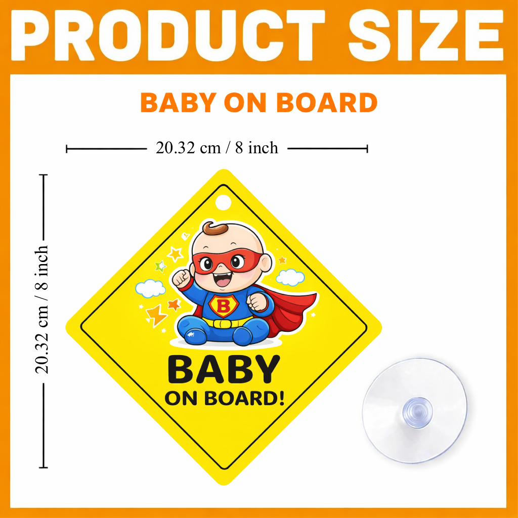 Smeeps Super Baby On Board Hanging Sign – 20.32 × 20.32 cm (8 × 8 Inch) Cute Superhero Baby Waterproof Car Hanging Board with Suction Cup | Fun Baby Safety Vehicle Sign