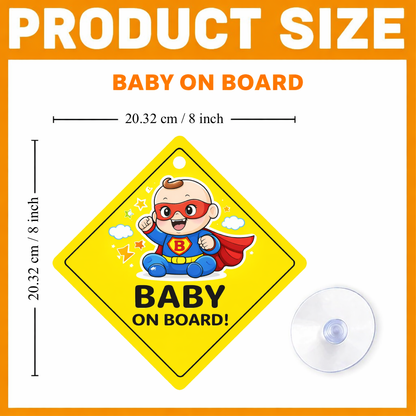 Smeeps Super Baby On Board Hanging Sign – 20.32 × 20.32 cm (8 × 8 Inch) Cute Superhero Baby Waterproof Car Hanging Board with Suction Cup | Fun Baby Safety Vehicle Sign