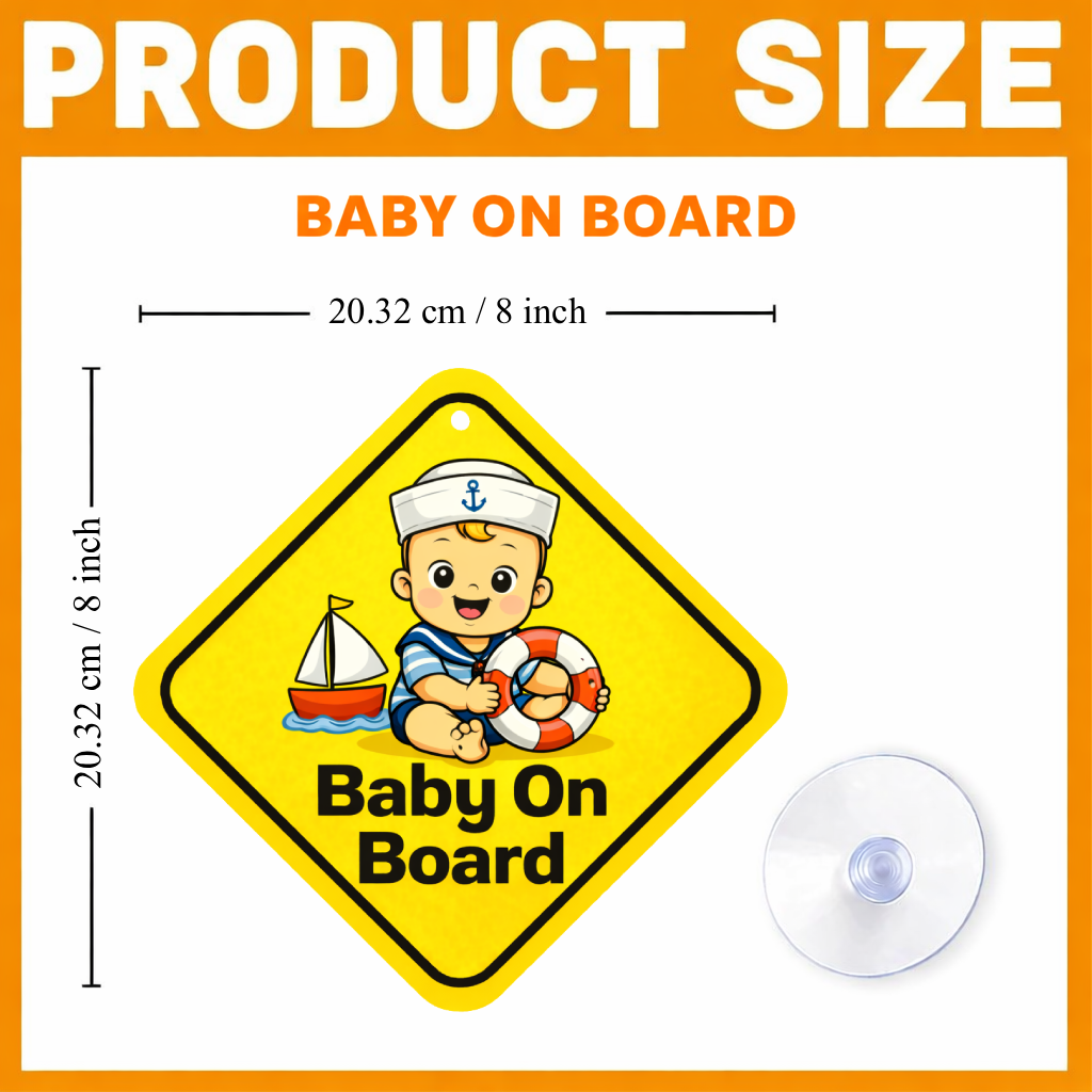 Smeeps Baby On Board Hanging Sign – 20.32 × 20.32 cm (8 × 8 Inch) Cute Sailor Baby Waterproof Car Hanging Board with Suction Cup | Baby Safety Vehicle Warning Sign