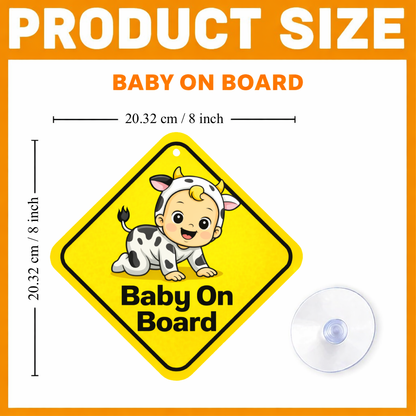 Smeeps Baby On Board Hanging Sign – 20.32 × 20.32 cm (8 × 8 Inch) Cute Cow Costume Baby Waterproof Car Hanging Board with Suction Cup | Funny Baby Safety Vehicle Sign