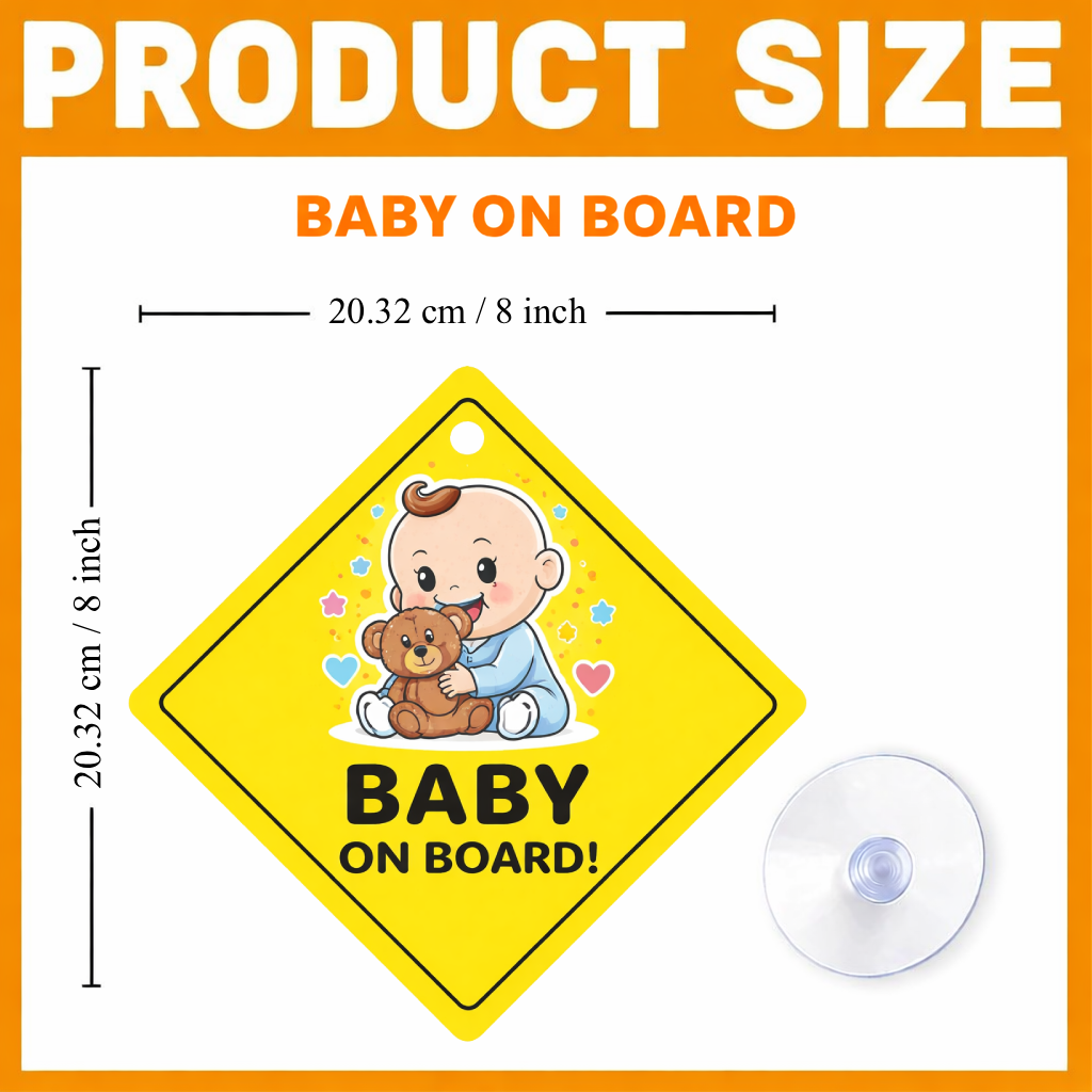 Smeeps Baby On Board Teddy Hanging Sign – 20.32 × 20.32 cm (8 × 8 Inch) Cute Baby with Teddy Waterproof Car Hanging Board with Suction Cup | Safety Warning Vehicle Hanging Sign