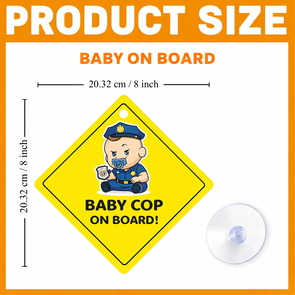 Smeeps Baby Cop On Board Hanging Sign – 20.32 × 20.32 cm (8 × 8 Inch) Cute Police Baby Waterproof Car Hanging Board with Suction Cup | Funny Baby Safety Vehicle Warning Sign