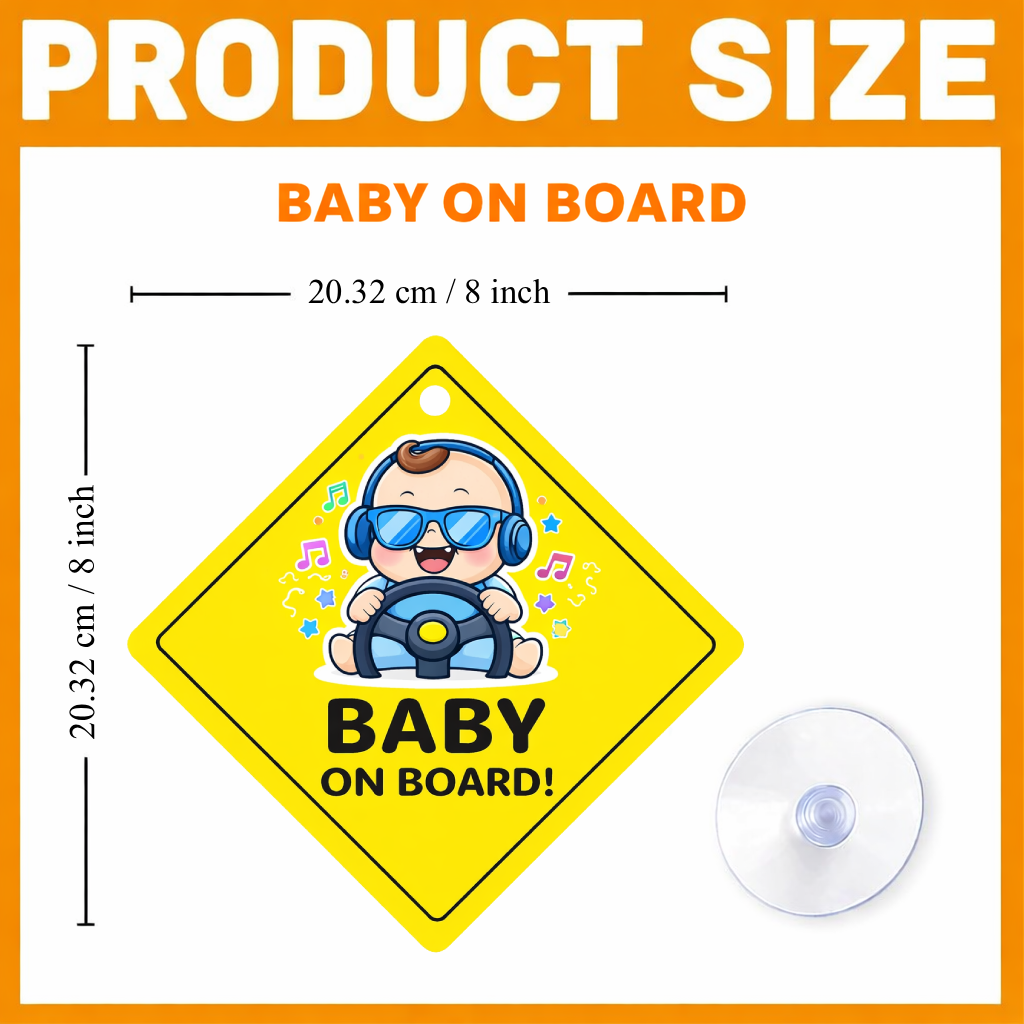 Smeeps Cool Baby On Board Hanging Sign – 20.32 × 20.32 cm (8 × 8 Inch) Cute DJ Driving Baby Waterproof Car Hanging Board with Suction Cup | Funny Baby Safety Car Sign