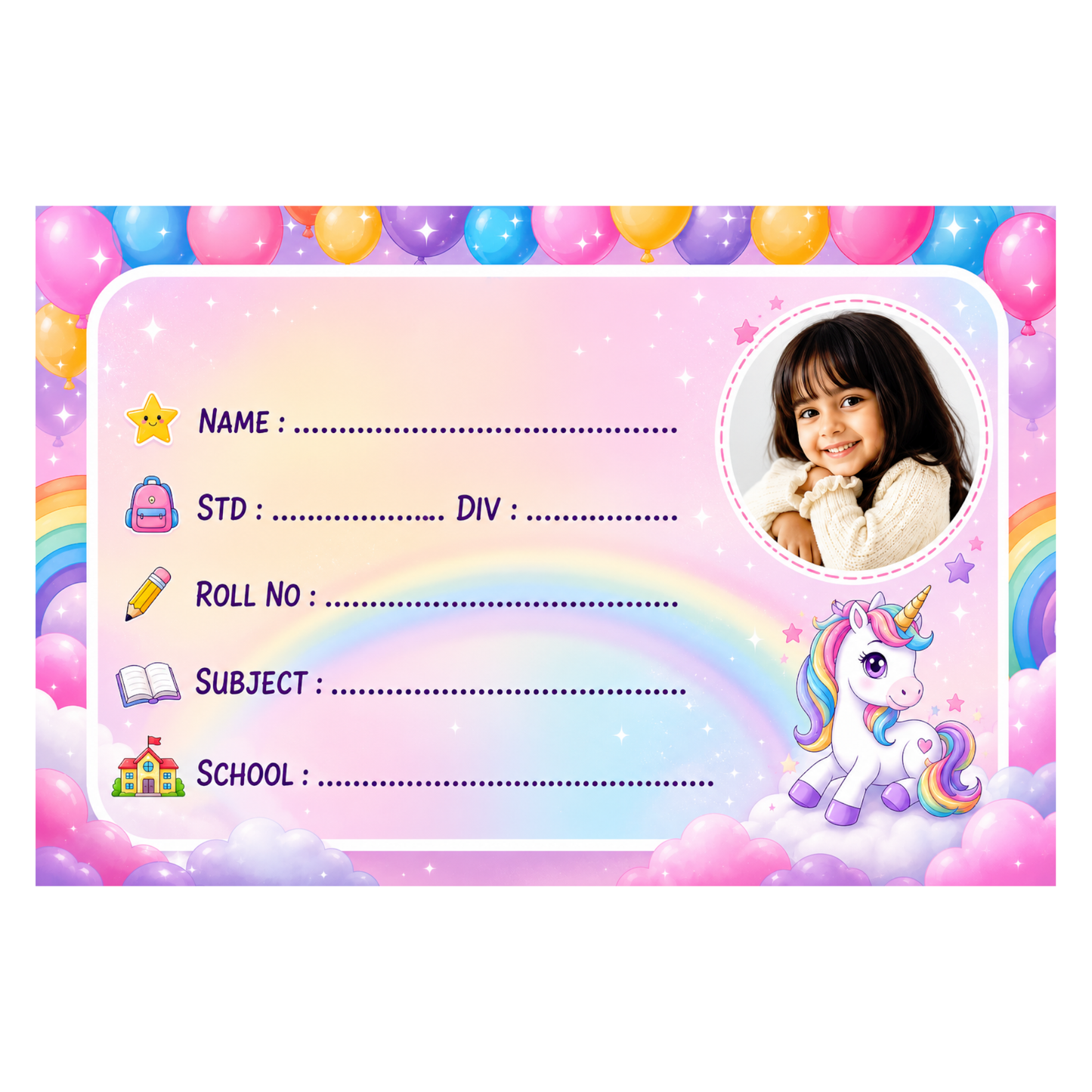 Custom Photo Unicorn School Name Labels – 7.62 × 5.08 cm (3 × 2 Inch) Personalized Waterproof Kids Notebook Stickers with Photo for School Books, Water Bottles & Accessories | Rainbow Unicorn Theme Pack of 36