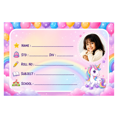 Custom Photo Unicorn School Name Labels – 7.62 × 5.08 cm (3 × 2 Inch) Personalized Waterproof Kids Notebook Stickers with Photo for School Books, Water Bottles & Accessories | Rainbow Unicorn Theme Pack of 36