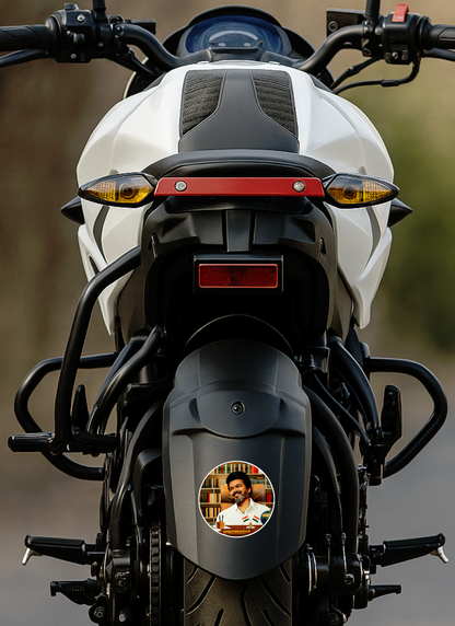 Thalapathy Vijay Round Bike Sticker – 10.16 × 10.16 cm (4 × 4 Inch) Waterproof UV Resistant Vinyl Bike Decal for Bike Mudguard, Car, Helmet & Laptop | Premium Round Sticker Pack of 1