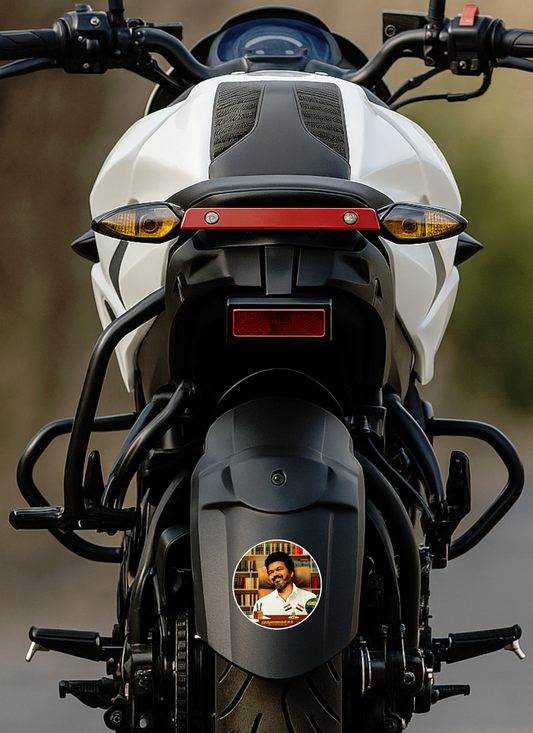 Thalapathy Vijay Round Bike Sticker – 10.16 × 10.16 cm (4 × 4 Inch) Waterproof UV Resistant Vinyl Bike Decal for Bike Mudguard, Car, Helmet & Laptop | Premium Round Sticker Pack of 1