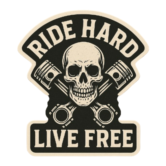 Smeeps Ride Hard Live Free Sticker – 10.16 x 10.16 cm | Skull & Pistons Vinyl Bike Decal (Rugged Beige & Black Theme)